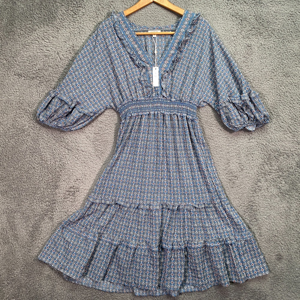 NWT Max Studio Smocked Floral Midi Dress Blue Ruffle Flare Small 3M01156A